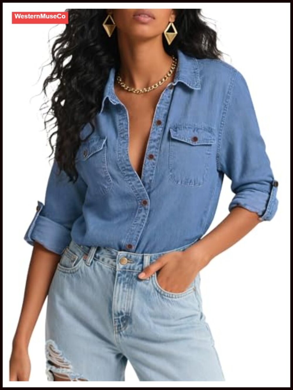 Cotton Chambray Lightweight Button Down Jean Shirt Long Sleeve Blouse Pockets